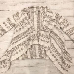 American Rag cream and brown tribal high low waterfall cardigan